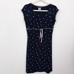 Vintage Midi Dress Fairy Y2K Whimsy Feminine Coquette Ribbon Lace Floral Black